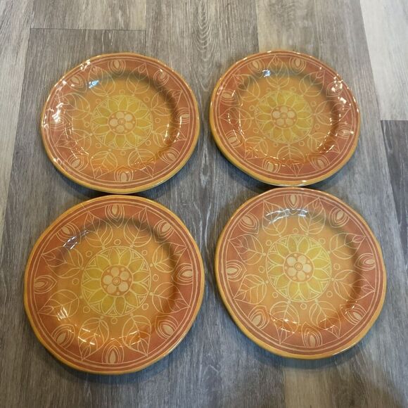 Melamine 9” Salad Plates Set Of 4 Orange Yellow Summertime  Leaf Pattern - Picture 1 of 6